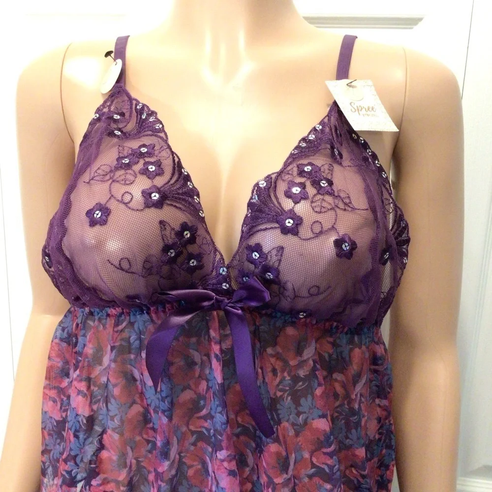 Spree Intimates 2pc Purple Floral Mesh Camisole Babydoll Nightie Set Size XL